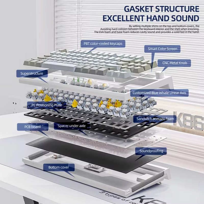 K86 Teclado Mecânico Hot-Swappable Sem Fio Bluetooth/2.4g Com Tela de Exibição e Botão Rotativo de Volume para Jogos e Trabalho